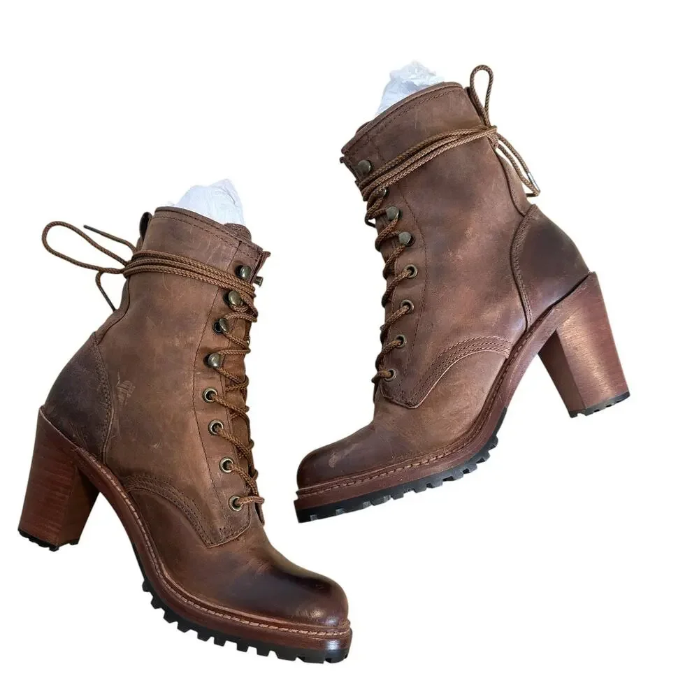 Frye Lucy Brown Leather Lace Up Ankle Boot 9